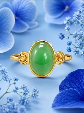 Gold Green Jade Oval Ring - Women Jewelry size 9
